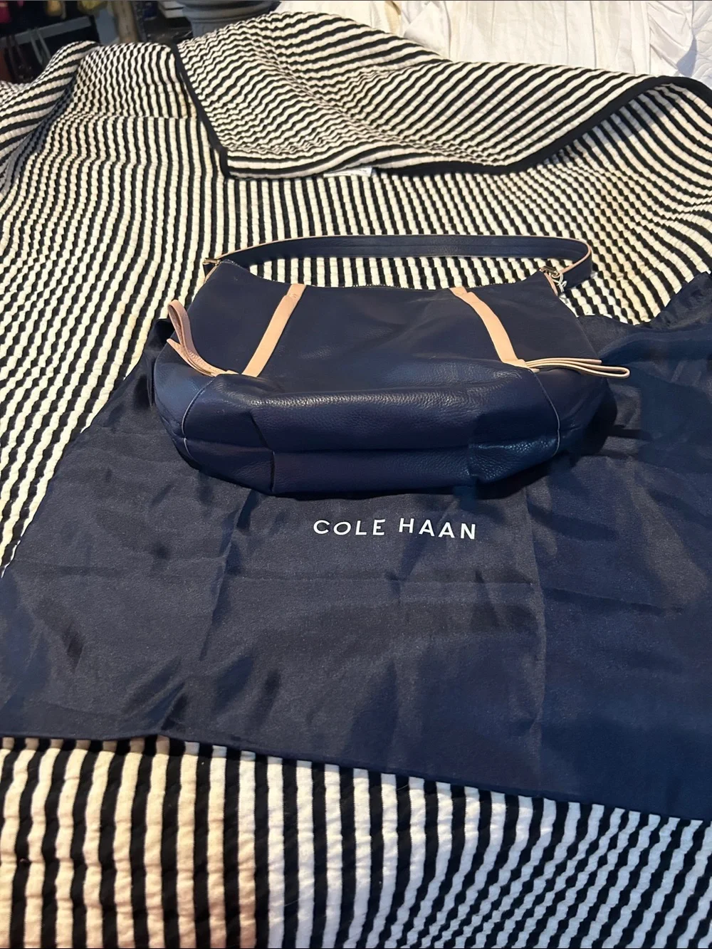 Cole Haan Navy Leather Hobo with Light Beige Trim